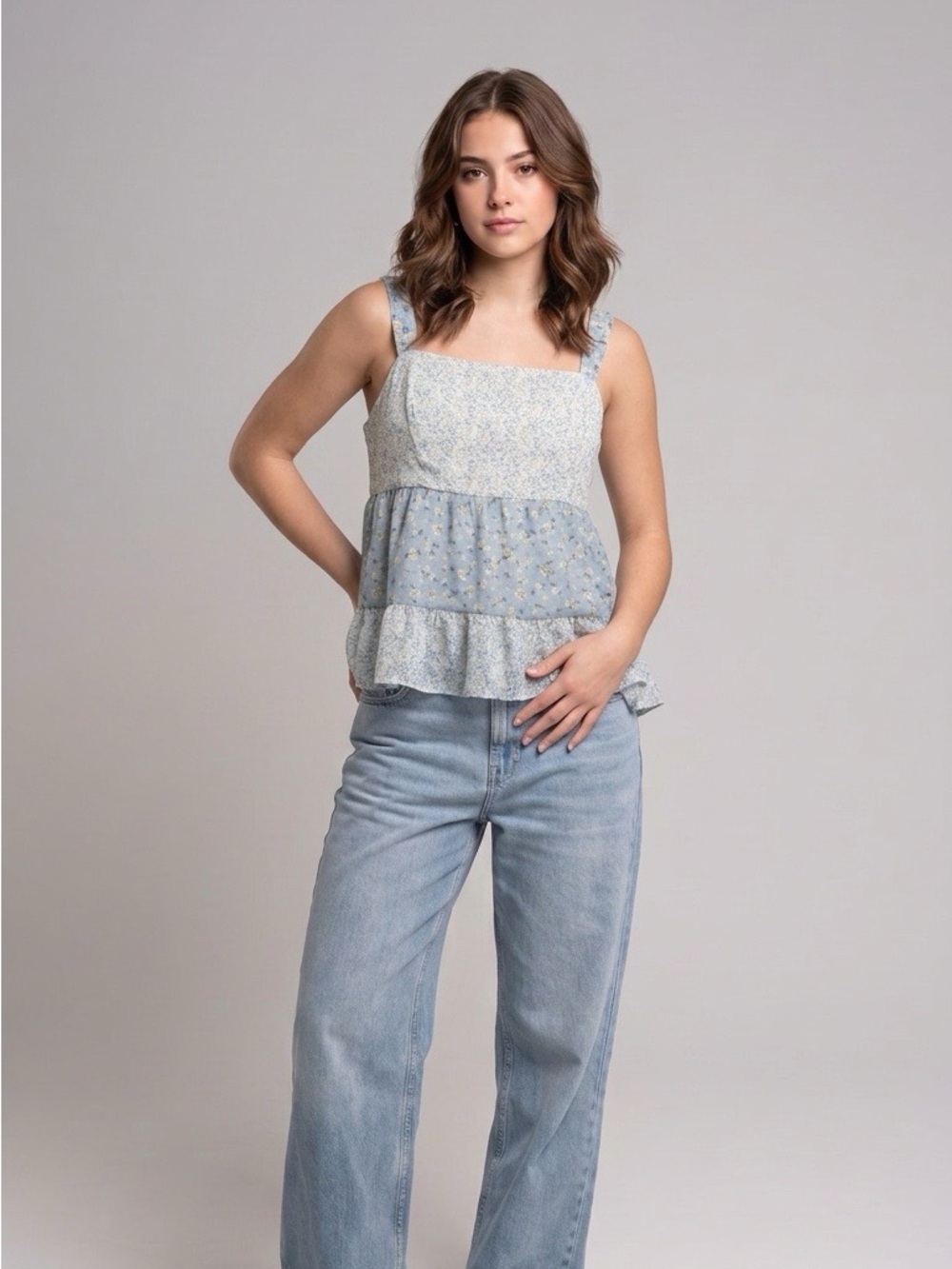 Paper Crane Light Blue and White Floral Top